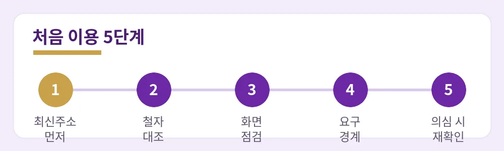최신주소 먼저·철자 대조·화면 점검·요구 경계·의심 시 재확인의 처음 이용 5단계