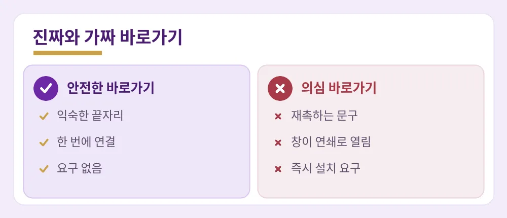 안전한 바로가기와 의심해야 할 가짜 바로가기 신호 비교