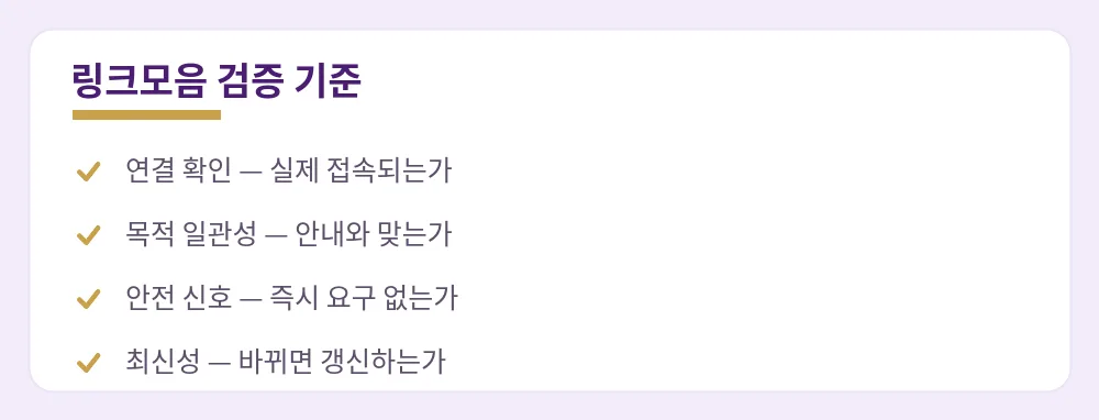 연결 확인·목적 일관성·안전 신호·최신성으로 이뤄진 링크모음 검증 기준